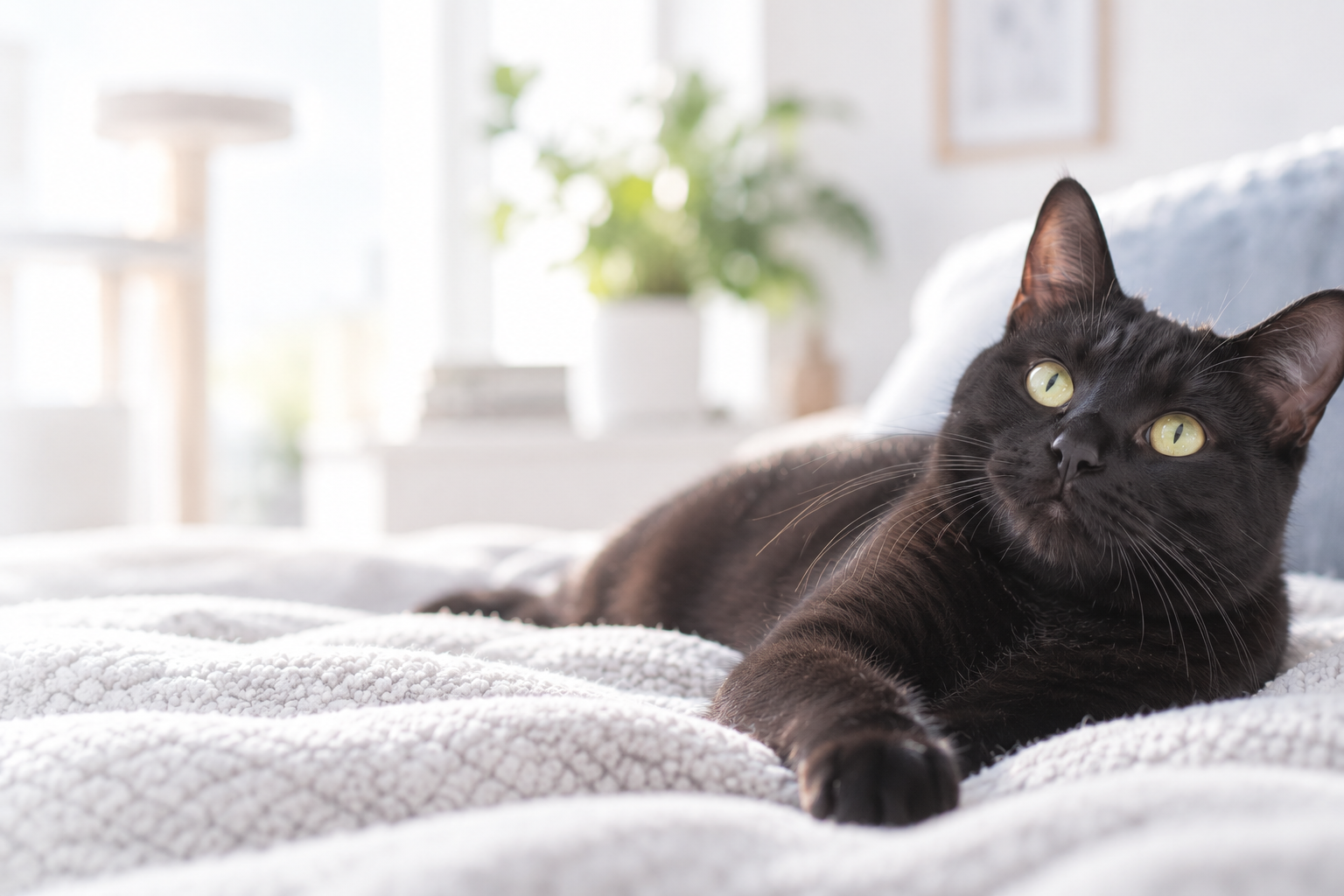 Schwarze Katze entspannt auf einem Bett