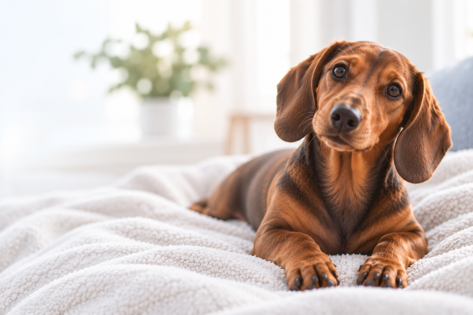 Hund liegt entspannt auf einer weichen Decke